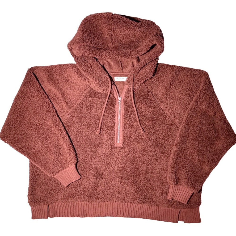 Arizona Jean Co Faux Fur Teddy Sherpa Quarter-Zip Hoodie Mauve Brown Medium